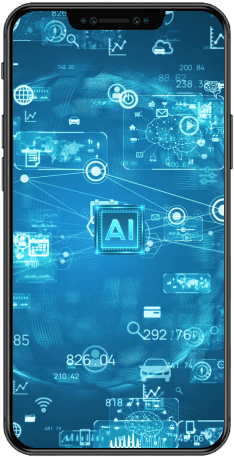 黒いスマートフォンの画面に青っぽい近未来な背景にAIと書かれたアイコンが表示されている